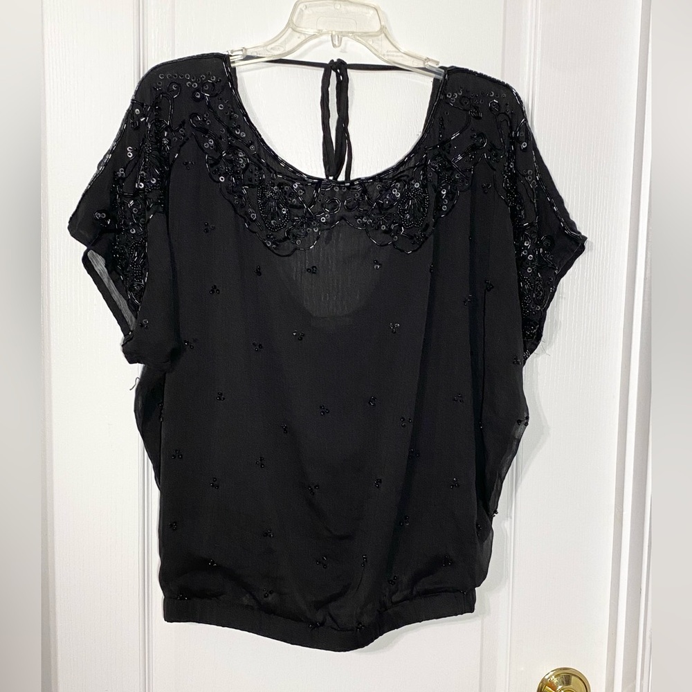 Matty M Beaded Sequin Chiffon Tie Back Blouse Black Large